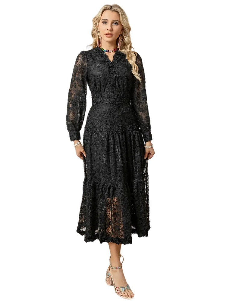 A-line V-neck woven black lace slim waist long-sleeved dress
