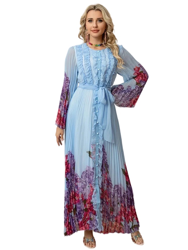 2025 Women's Printed Dress: Round Neck, Long Sleeve, Fungus Edge