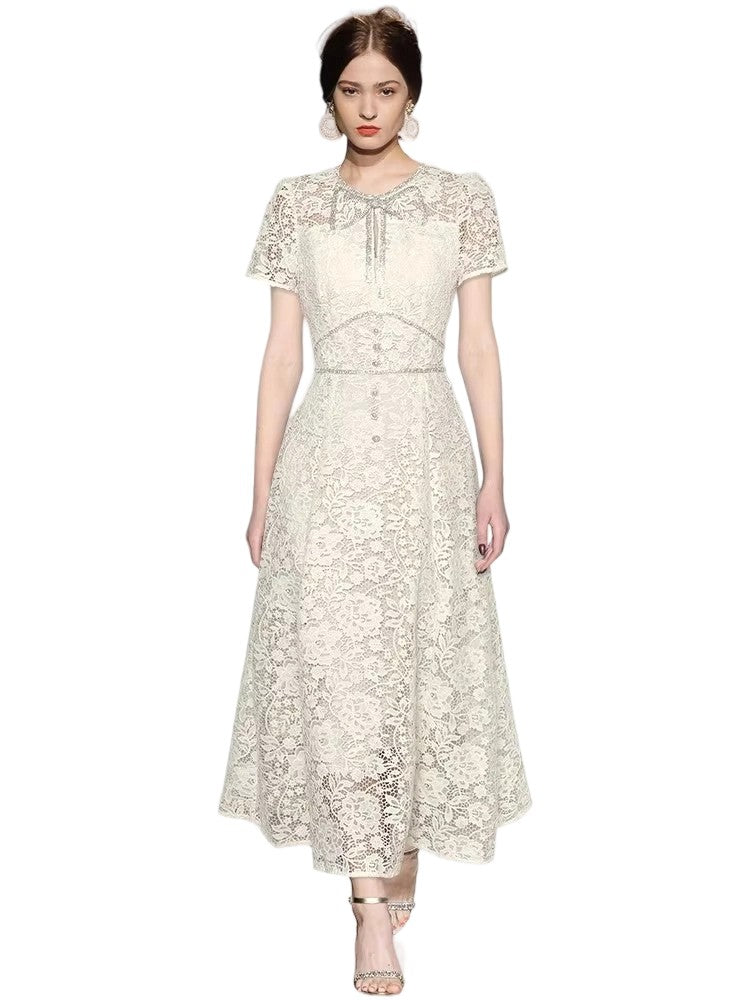 Lace Crystal Beaded Hollow High Waist Fashion Short Sleeve Dress