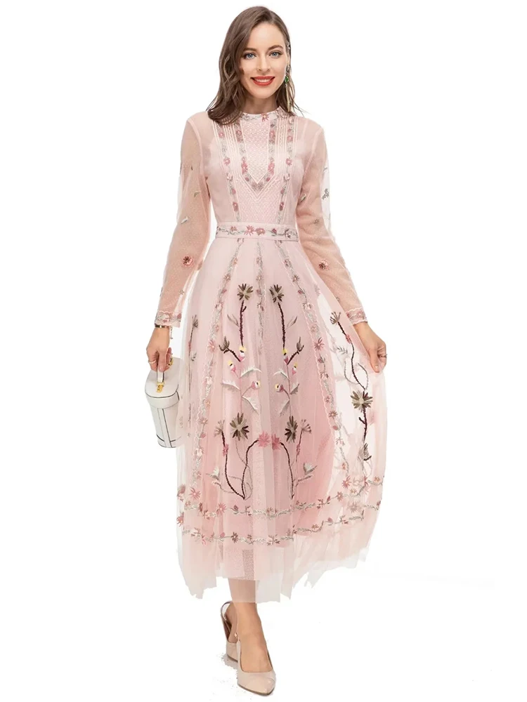 Vintage pink party midi dresses with flower embroidery