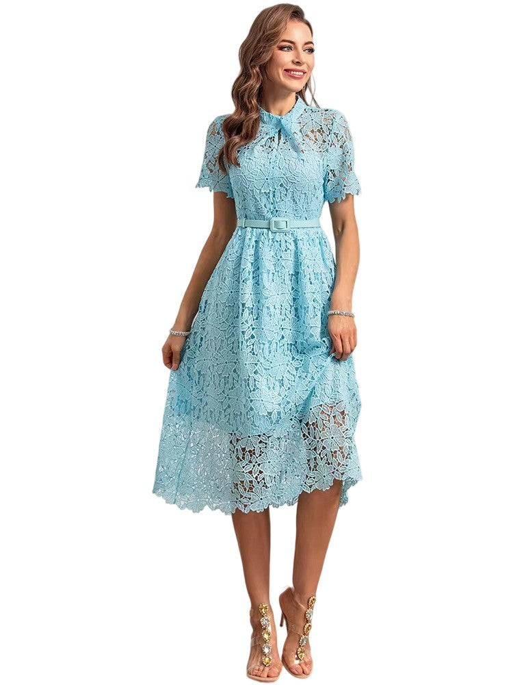 Retro solid color flower embroidered hollow dress