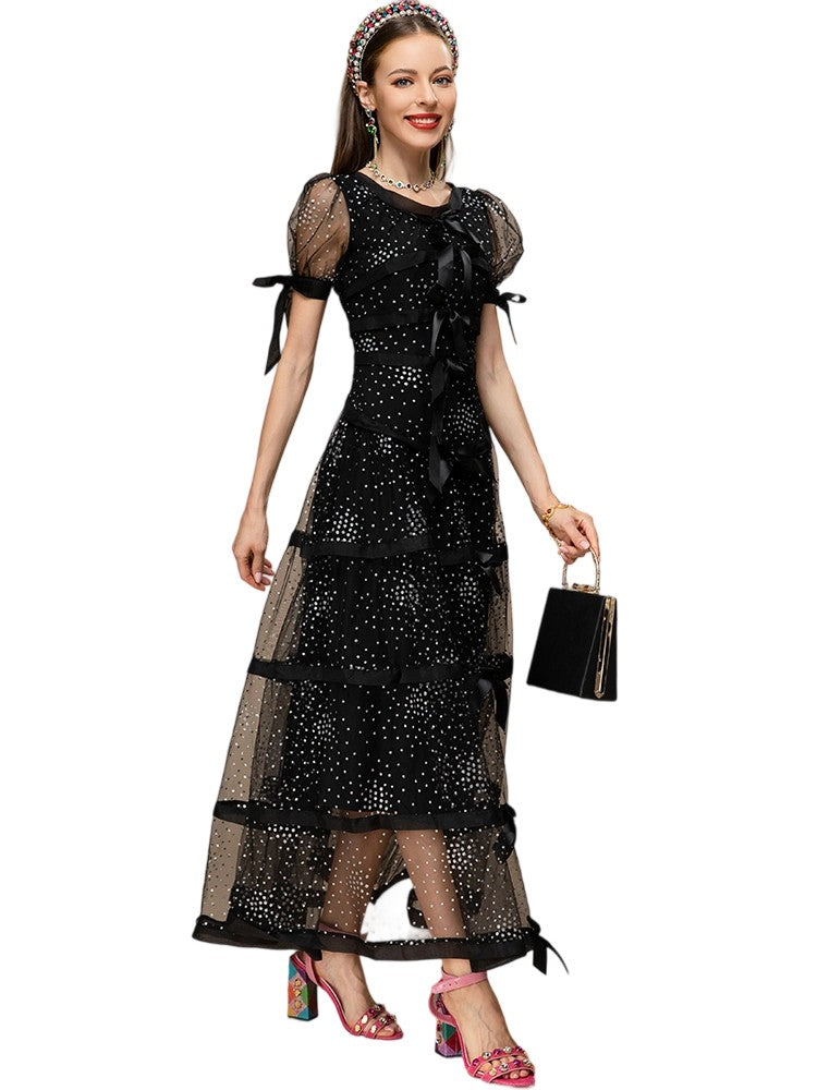 High-waisted slim-fit bow polka-dot mesh dress