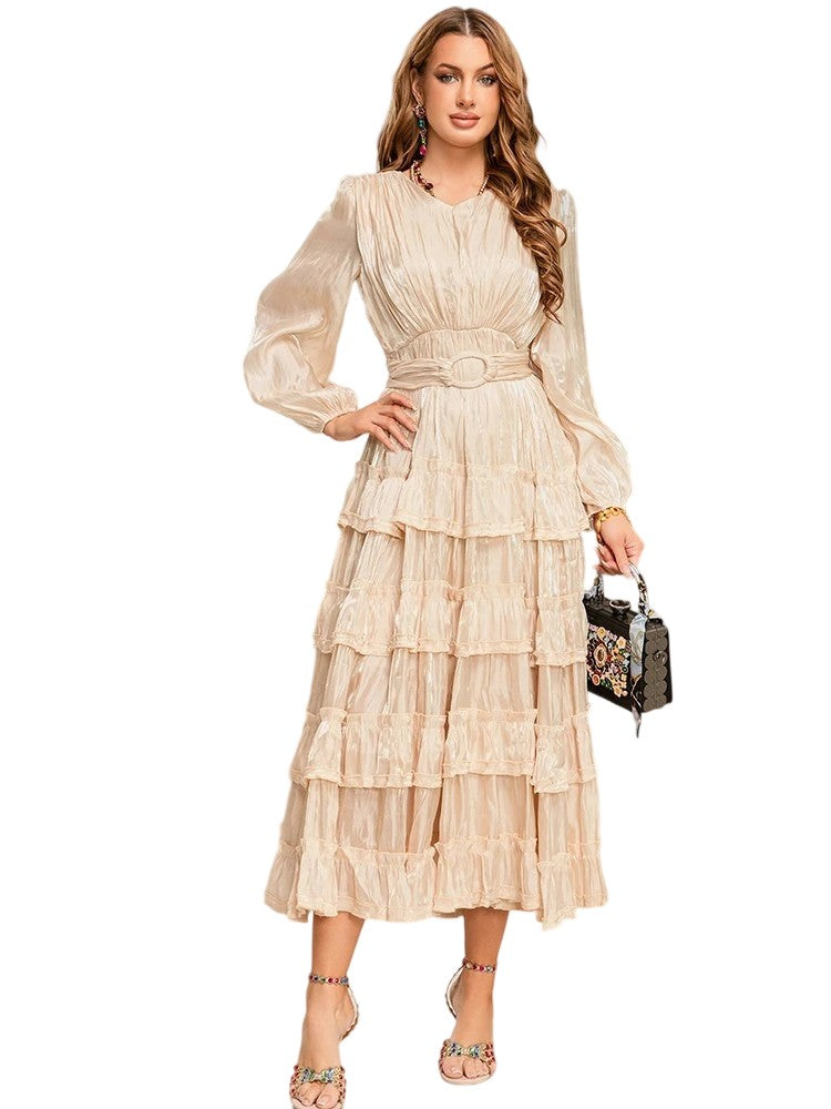 Retro round neck puff sleeve cake dress