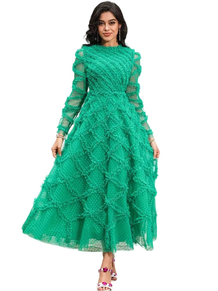 Polka Dot Mesh Green Party Dress