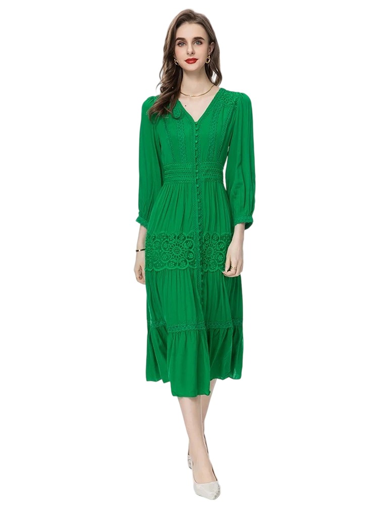 2025 Green Runway Midi Dress with V-Neck & Lantern Sleeves