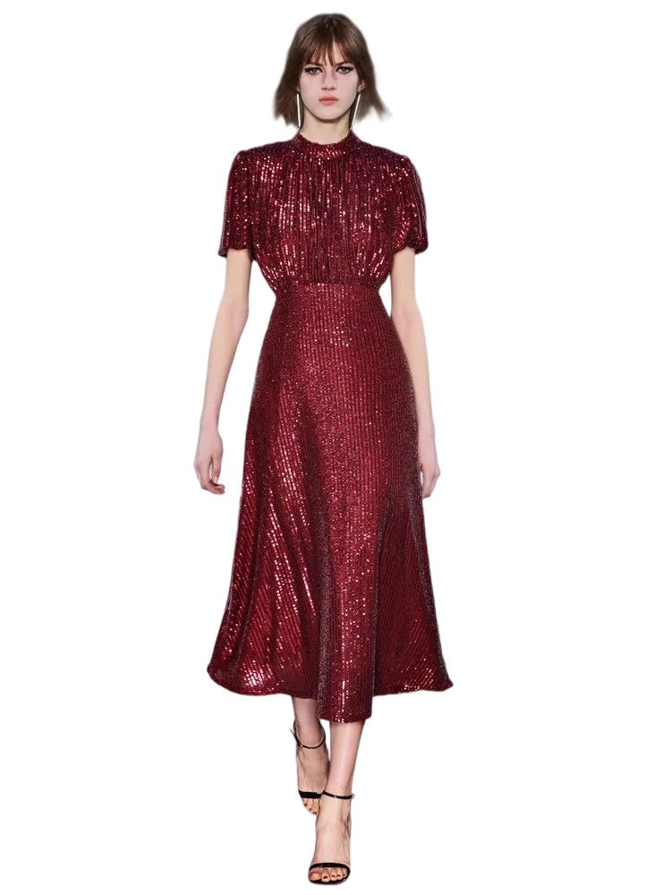 Round neck, short sleeves, waist-hugging sequined princess-style dress