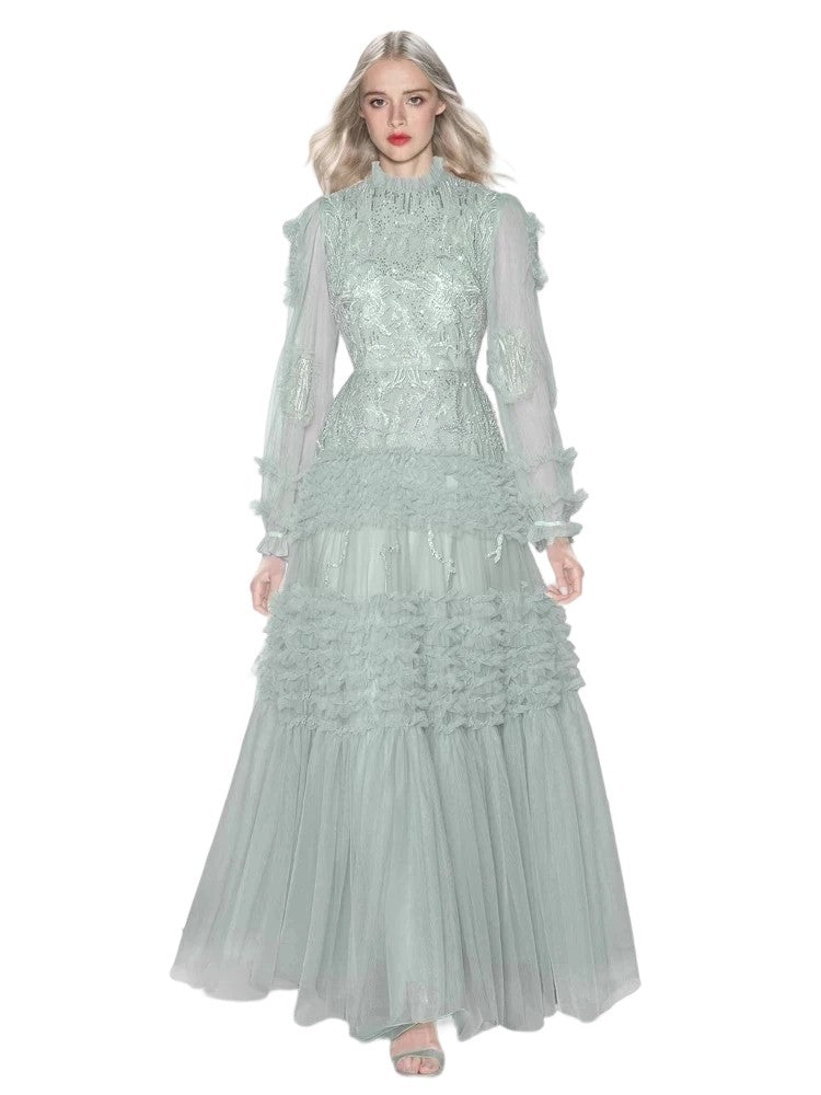 Round Neck Lantern Embroidery Waisted Mesh Dress
