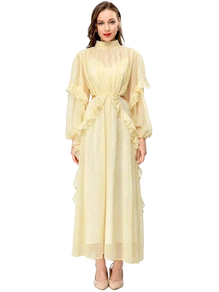 Women's Stand Collar Lantern Sleeve Ruffled Hollow Print Long Dress