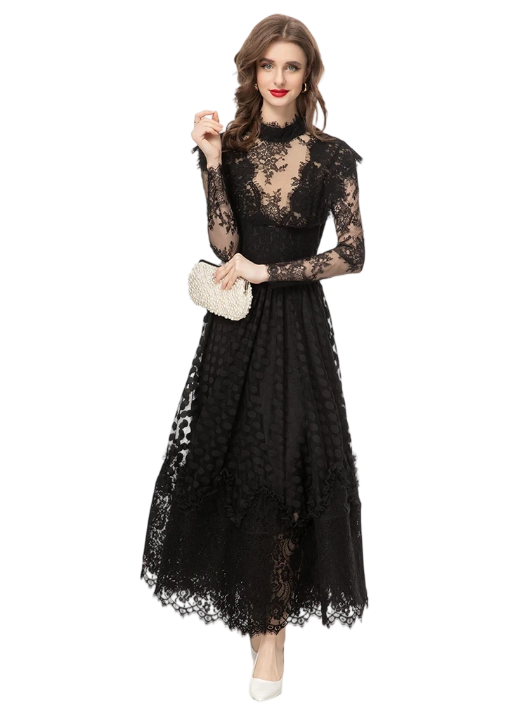 Round neck patchwork printed elastic waist lace maxi skirt