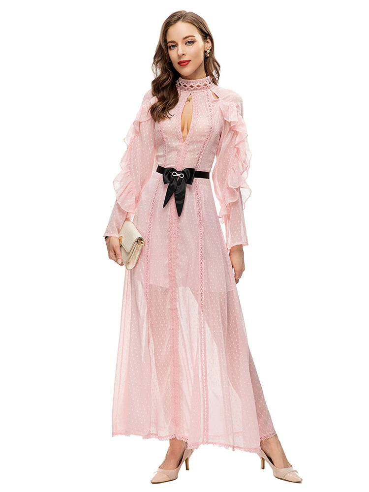 Summer Fashion Designer Vintage Chiffon Dress Women Stand Collar Sexy Hollow Out Bow Wrap Belted Lace Long Dress