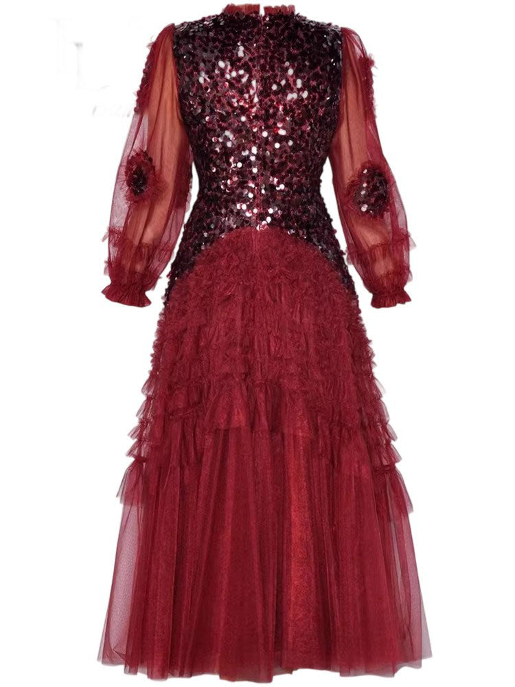 Long-sleeved sequined ruffle dress
