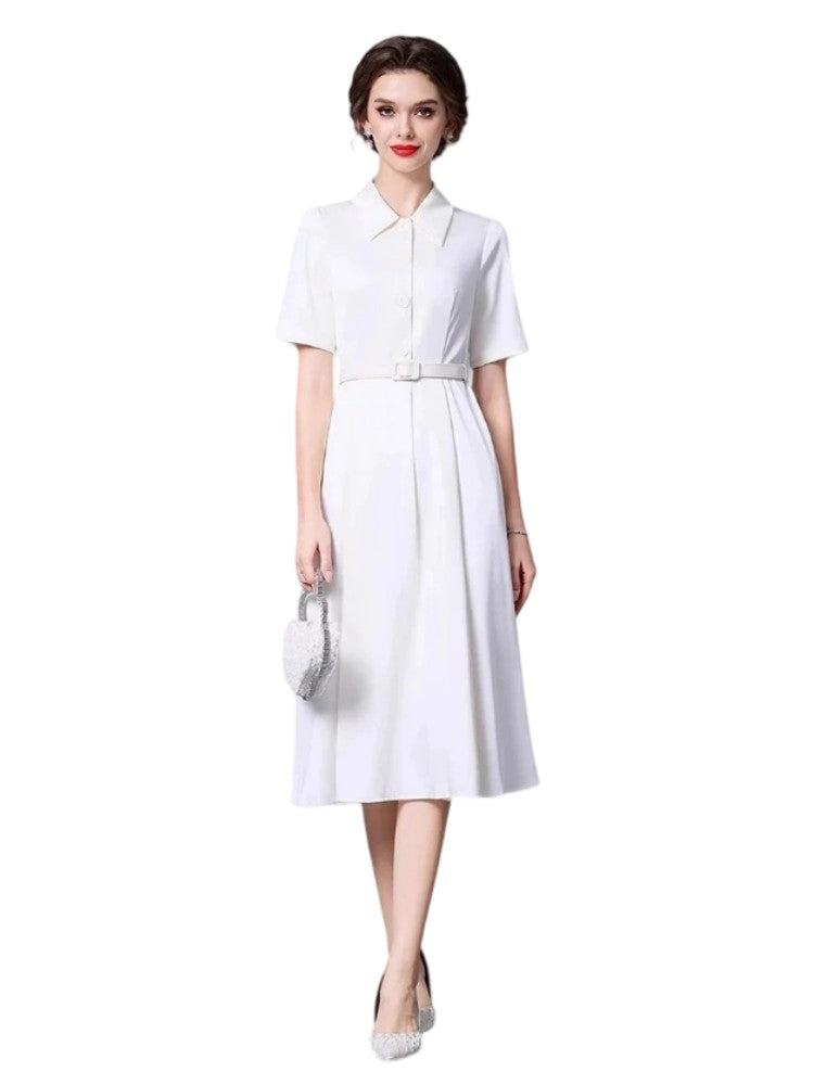 Lapel short-sleeved tie-dress with single-breasted elegant pattern