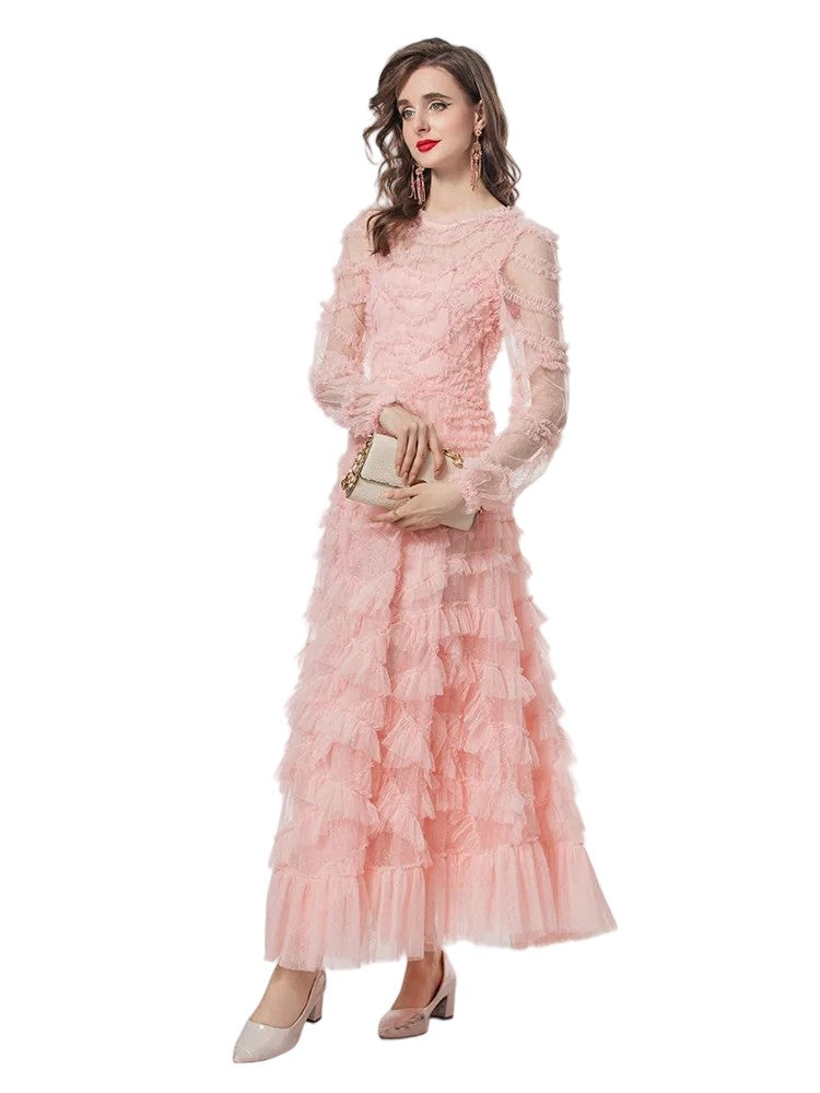 Summer Runway Vacation Dress Women's Net Yarn Polka Dot Embroidery Cascading Ruffle Temperament Long Dresses