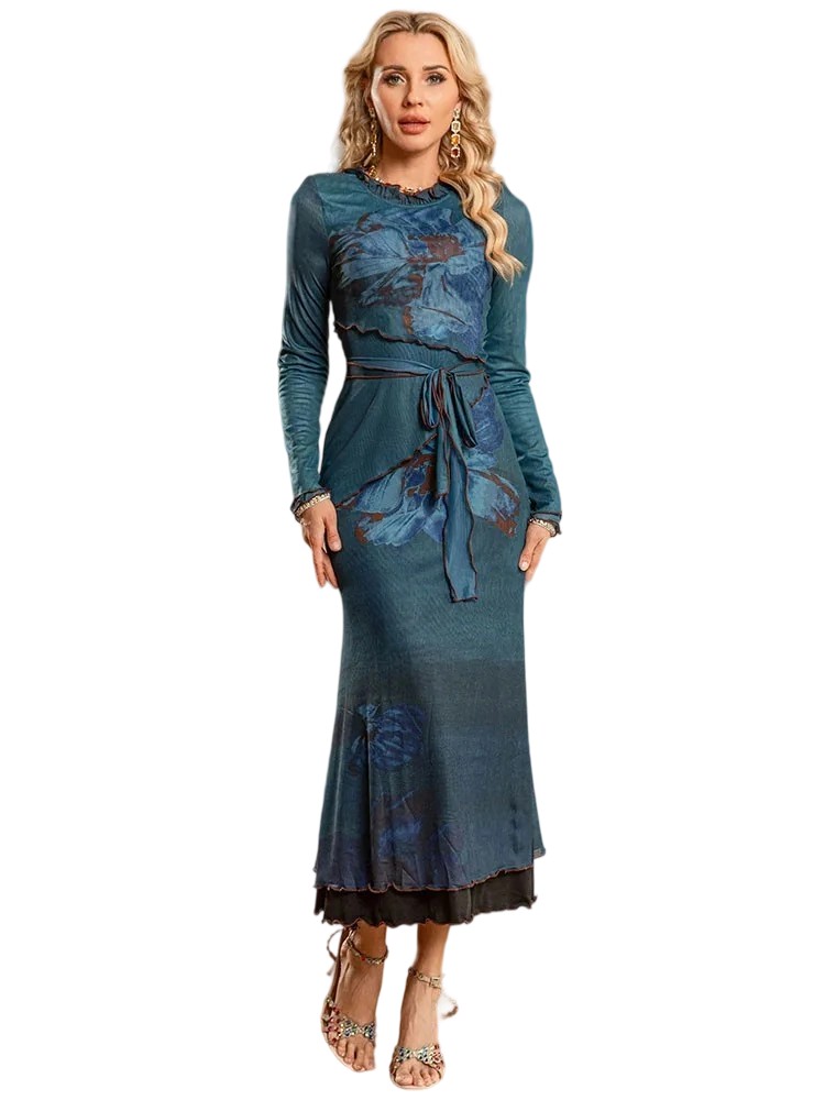 Bodycon Dress Set: Lace Collar, Printed Waist & Mini Bag