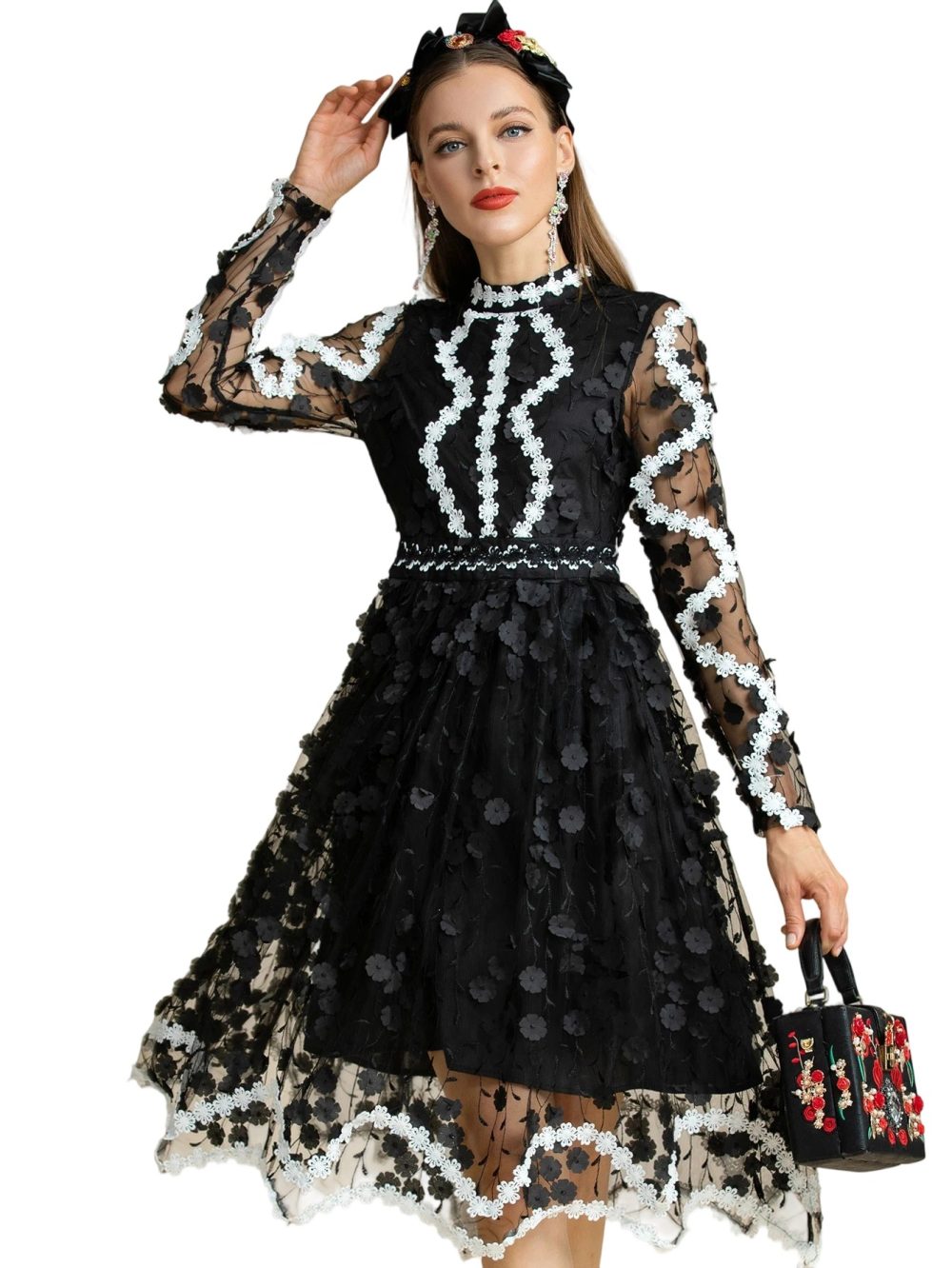 Vintage Black White Embroidered Mesh Party Dress - Image 3