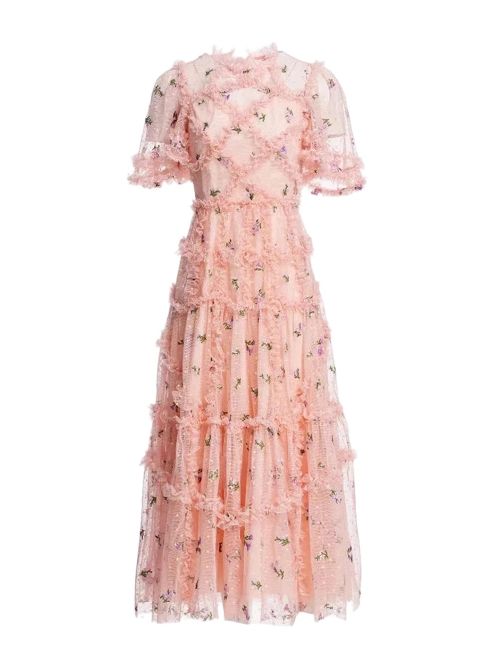 Designer Purple Floral Puff Ruffle Party Dress - Image 15