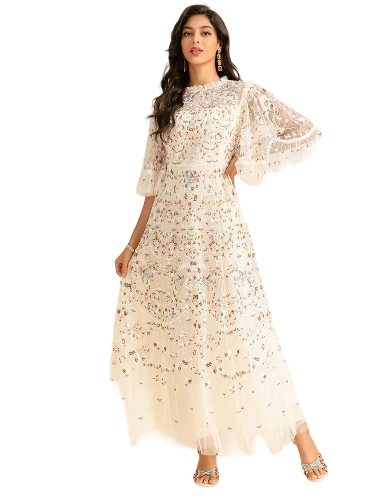 European and American embroidered beaded long dress