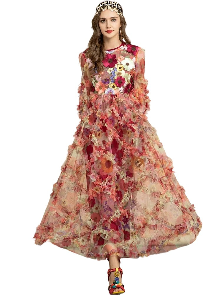 Lantern Sleeve Floral Embroidery Print Holiday Retro Party Long Dress