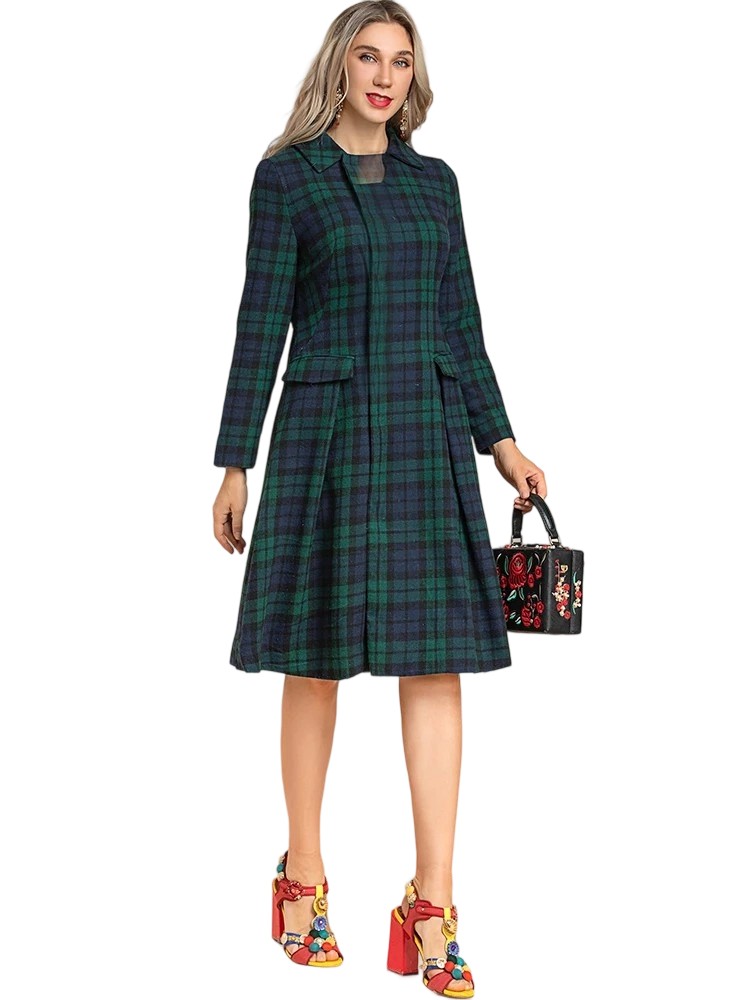 Single-breasted long-sleeved green plaid dress