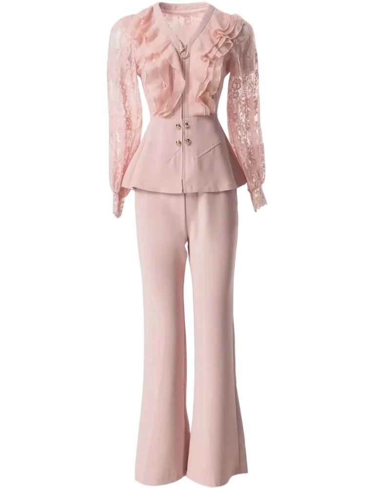 Designer Pink Lace Pantsuit Spring Set