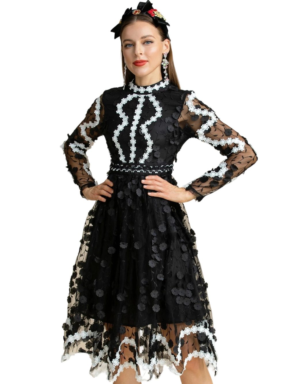 Vintage Black White Embroidered Mesh Party Dress - Image 4