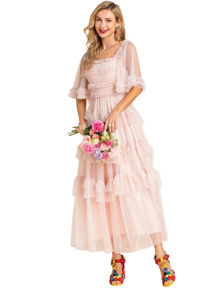 Summer Pink Mesh Polka Flare Ruffle Dress