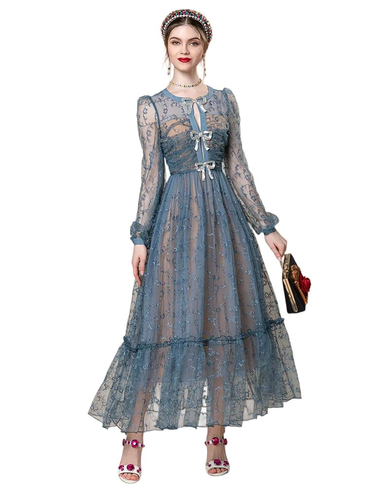 Bowknot Transparent Lace Splicing Embossed Hollow Dress