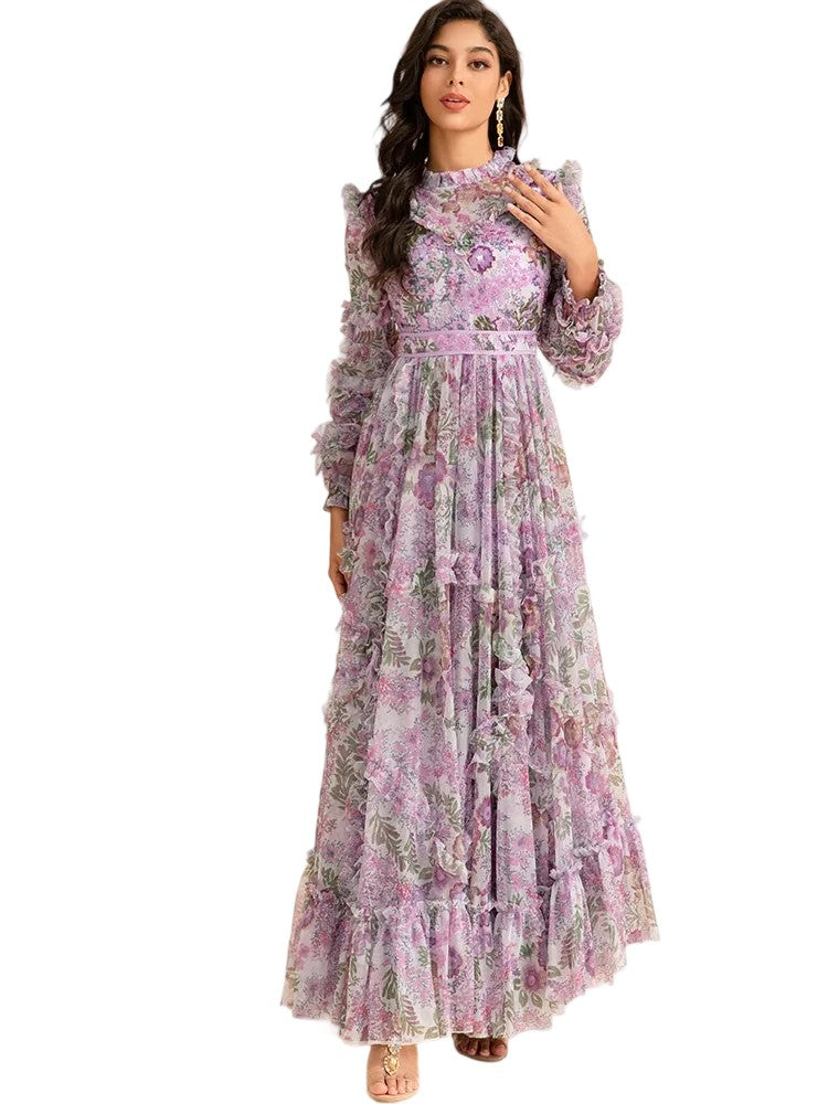 Stand collar long sleeve light printed dress