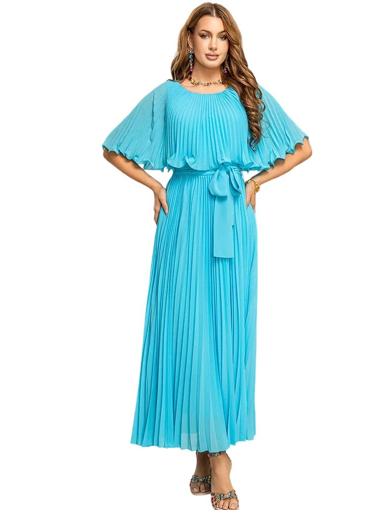 Mushroom edge round neck cape sleeves pleated waist long skirt