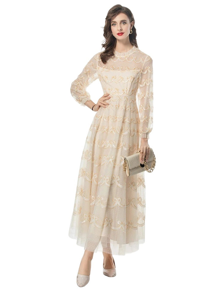 Summer Runway Vacation Dress Women's Temperament Vintage Net Yarn Sequins Polka Dot Embroidery Princess Dresses