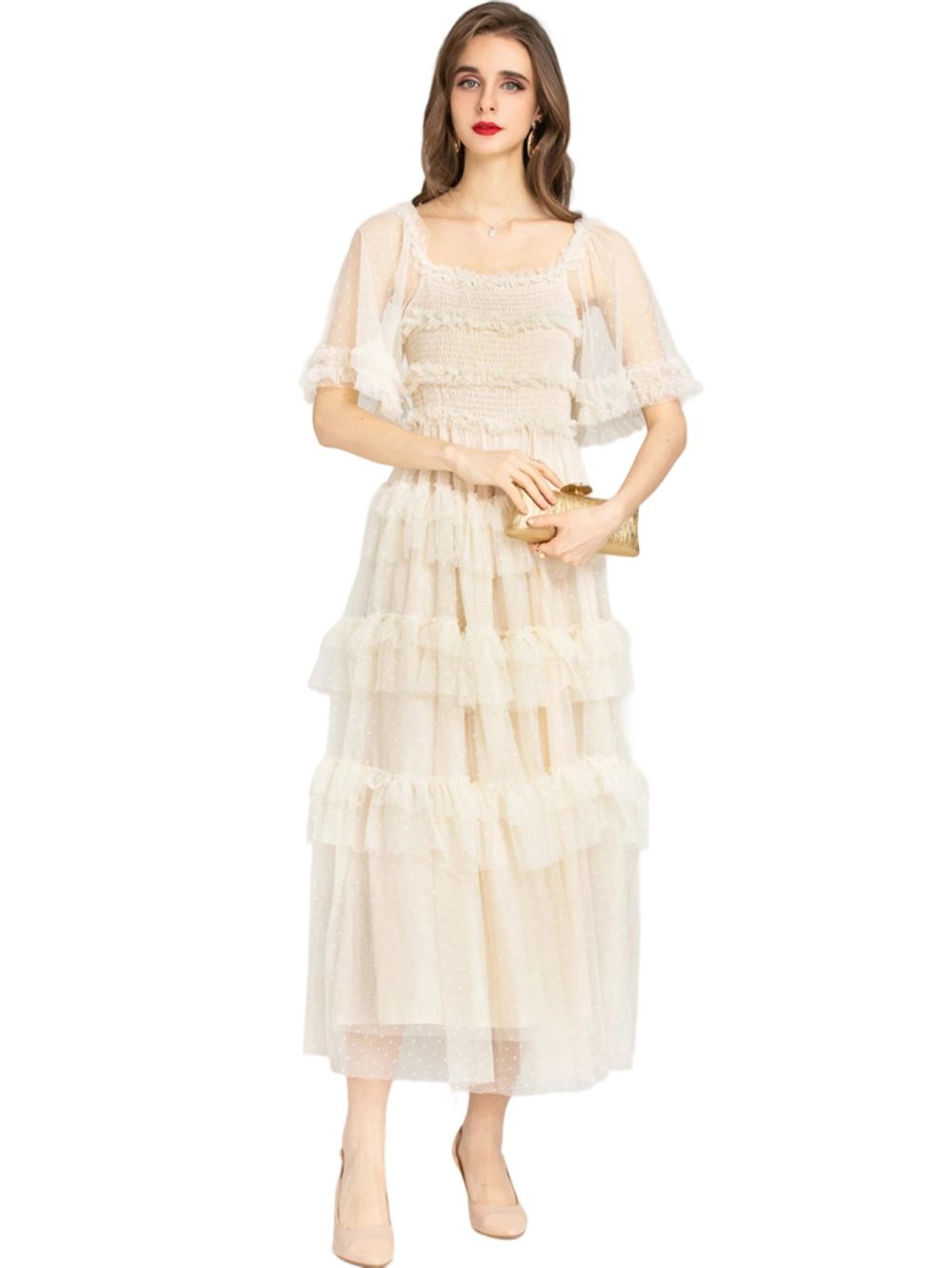 Summer Pink Mesh Polka Flare Ruffle Dress - Image 10