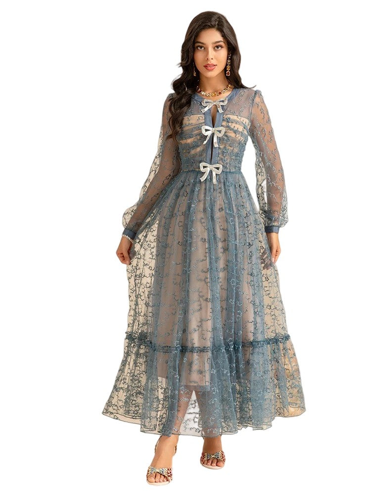 Round neck mesh stitching bow waist dress