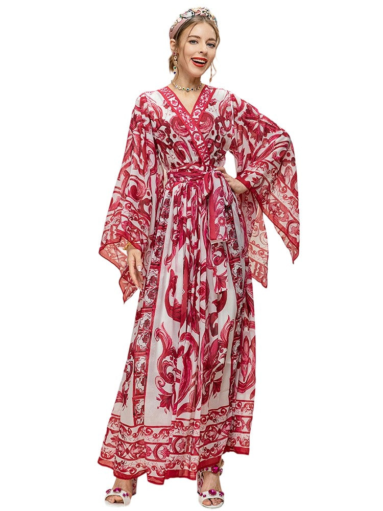 Bohemian Batwing Sleeve Print Pleated Loose Party Dress