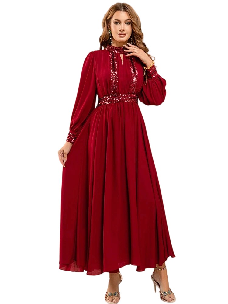 Lantern Sleeve French Embroidered Sequin Dress