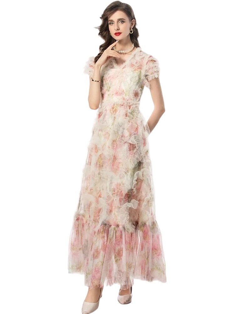 A tiered ruffle beach gown with crochet lace