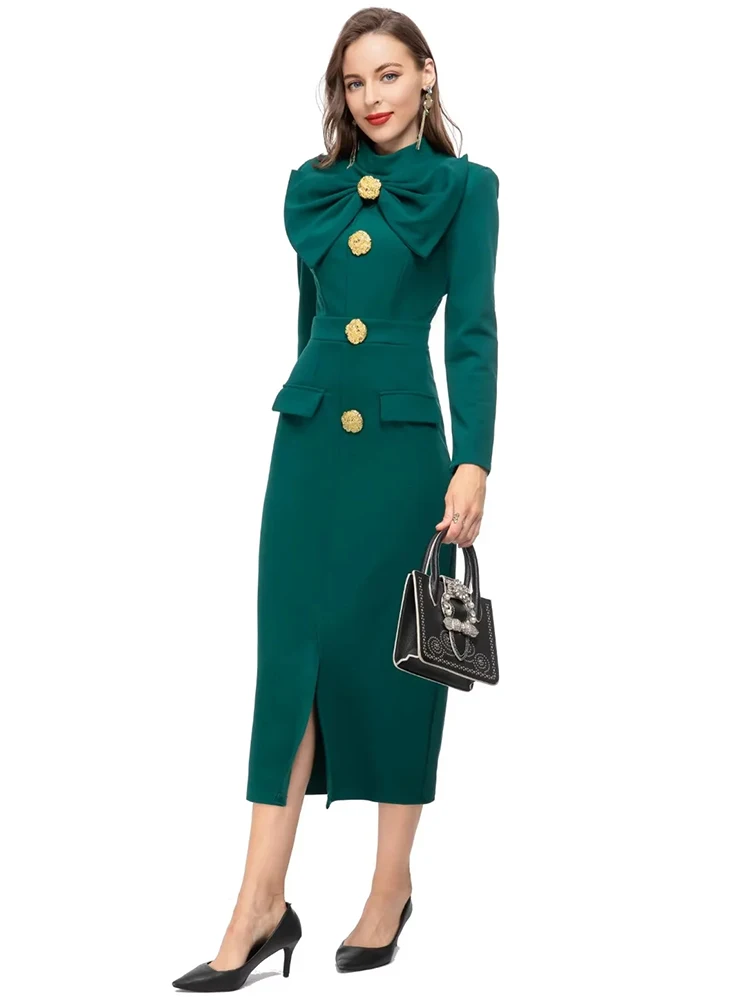 Spring Bow Long Sleeve High Split Dress