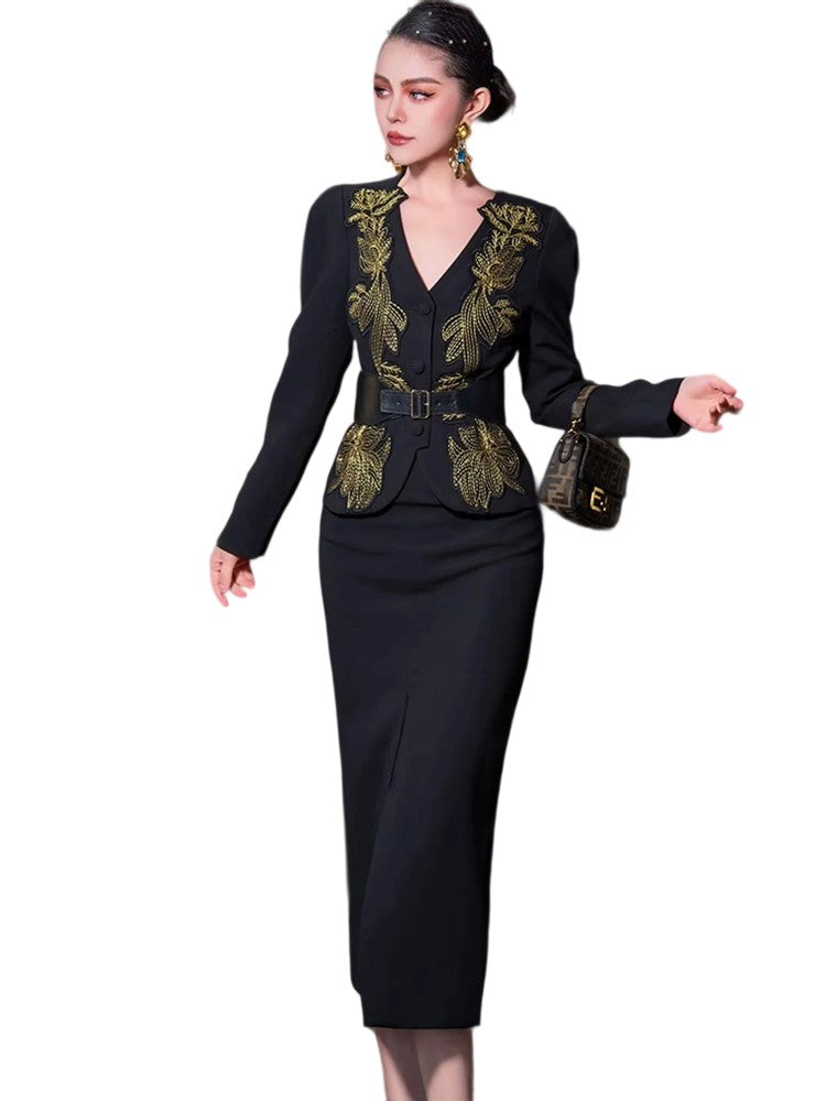 V-Neck Embroidered Top + Fitted Hip Skirt 2-Piece Set