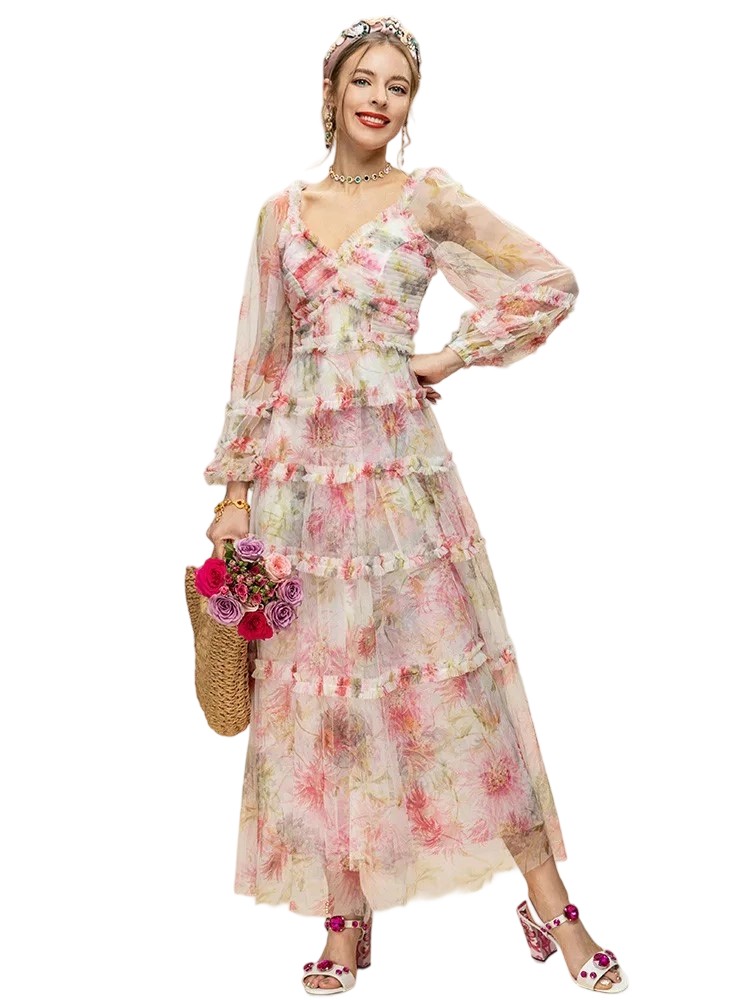 V-neck high waist printed layered ruffle maxi skirt