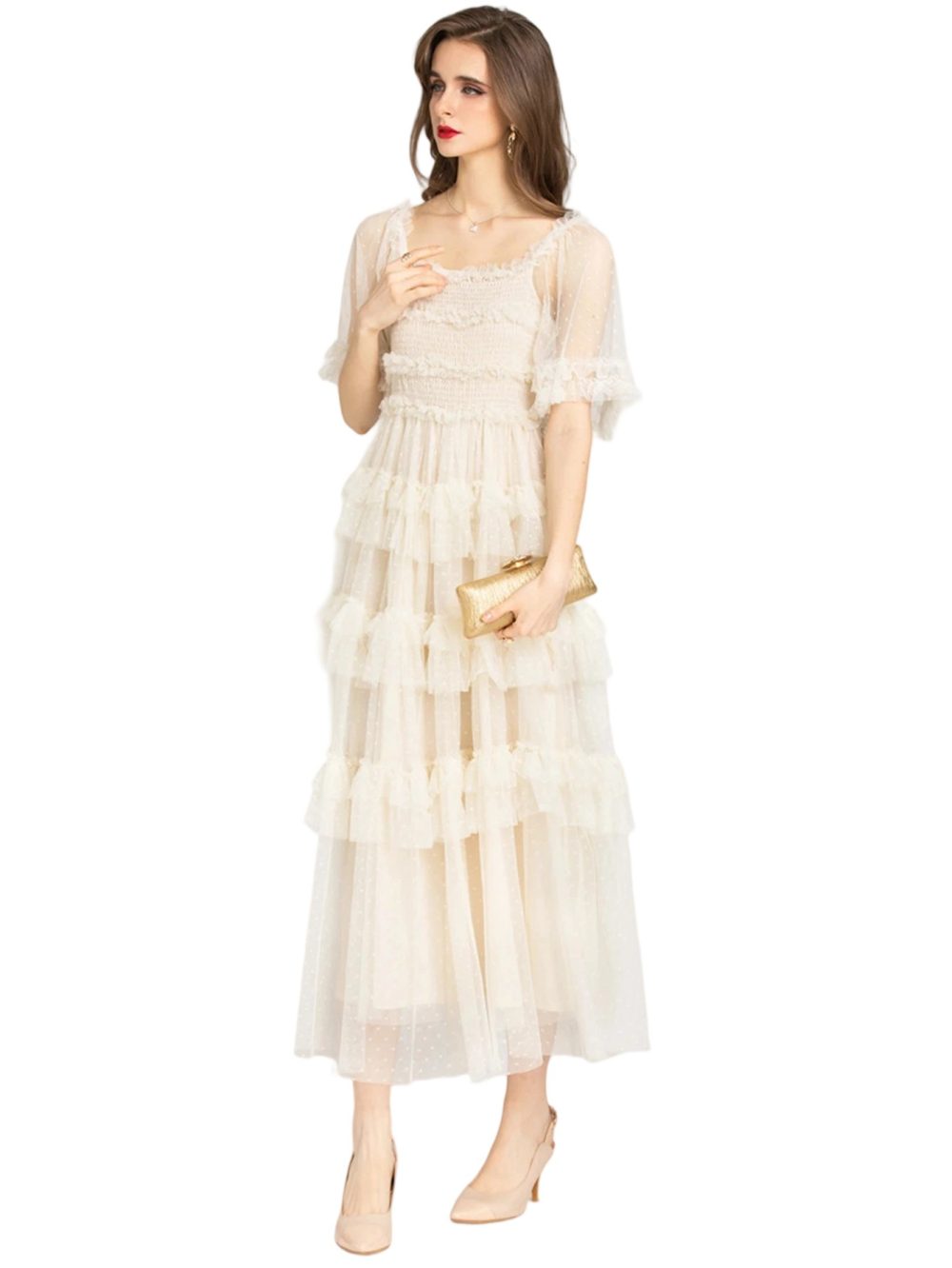 Summer Pink Mesh Polka Flare Ruffle Dress - Image 9