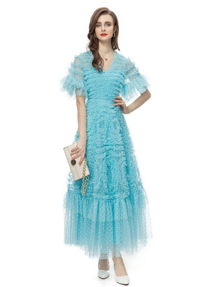 Mesh Short Sleeve Polka Dot Splicing Retro Party Maxi Dress