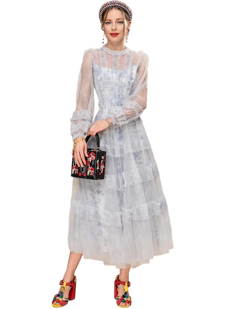 Party Mid-Length Sleeve Floral Print Mesh Dress