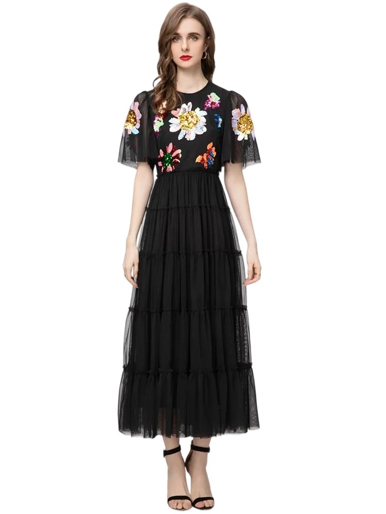 Stylish summer black party dresses with flower sequins