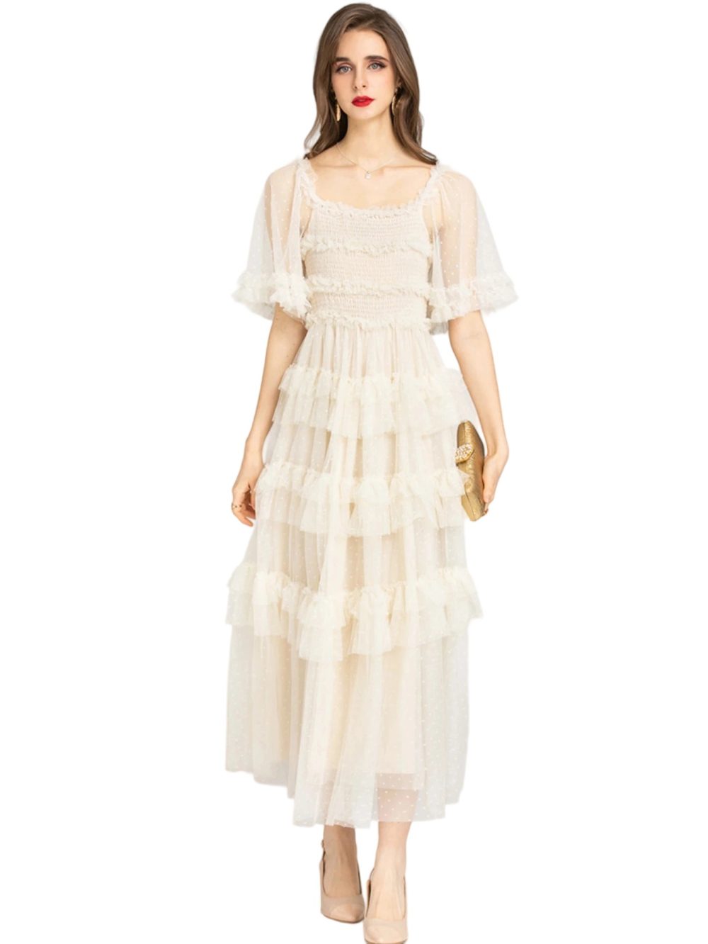 Summer Pink Mesh Polka Flare Ruffle Dress - Image 11