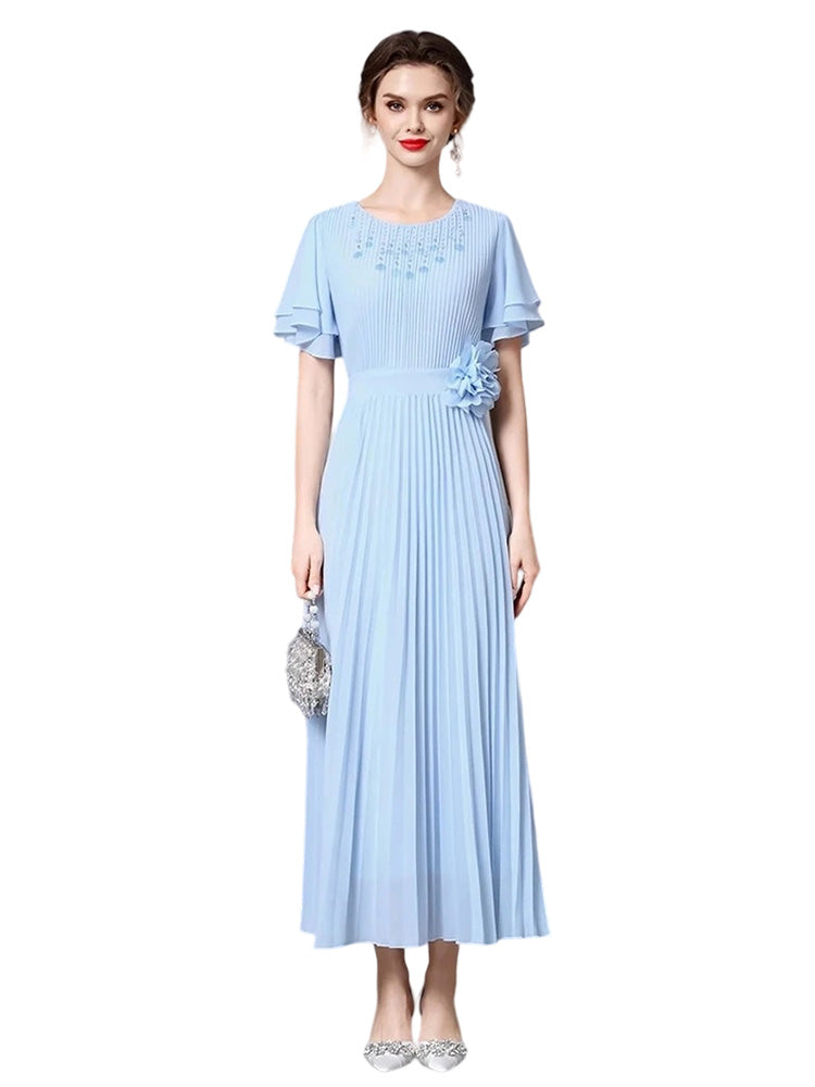 Round neck short sleeve embroidered long dress