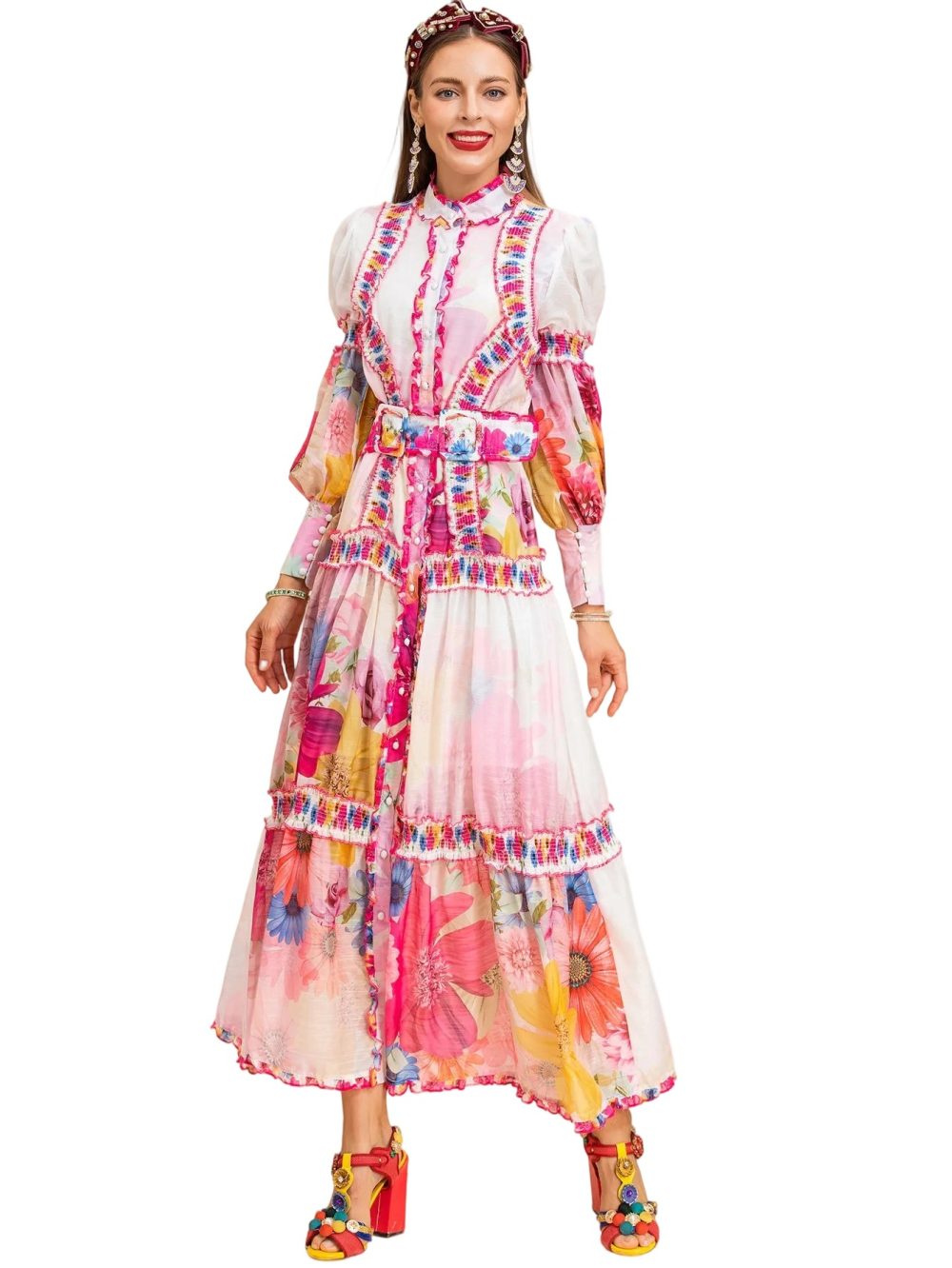 Lantern Sleeve Printed Holiday Maxi Dress - Image 3
