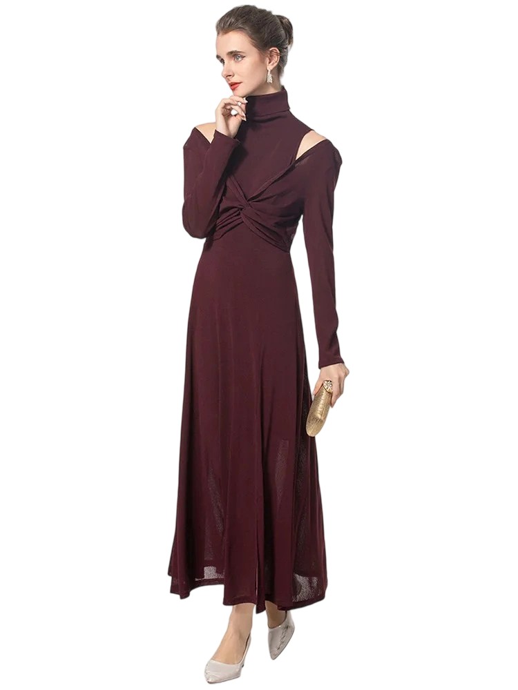 Women's Elegant Evening Dress Turtleneck Long Sleeved Slim Hollow Out Chic Designer Autumn and Winter Dresses