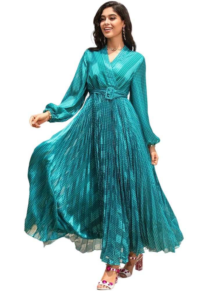 Women's V-neck long sleeve printed retro long party dress