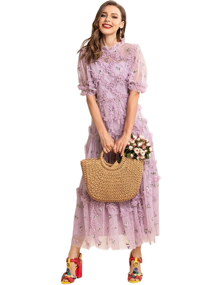 Designer Summer Long Purple Vacation Dress Women Puff Ruffle Floral Embroidery Party Dress