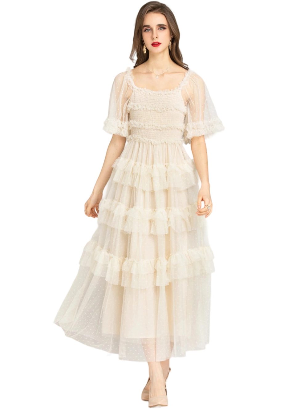 Summer Pink Mesh Polka Flare Ruffle Dress - Image 12