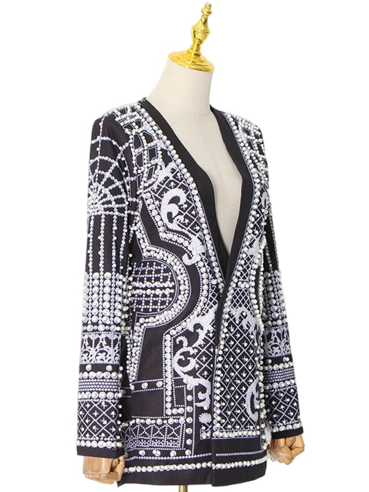 Deep V-neck luxury beaded print plaid beaded slim-fit suit jacket